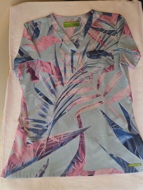 Tropical Print V-Neck Top in Pastel Blue and Pink